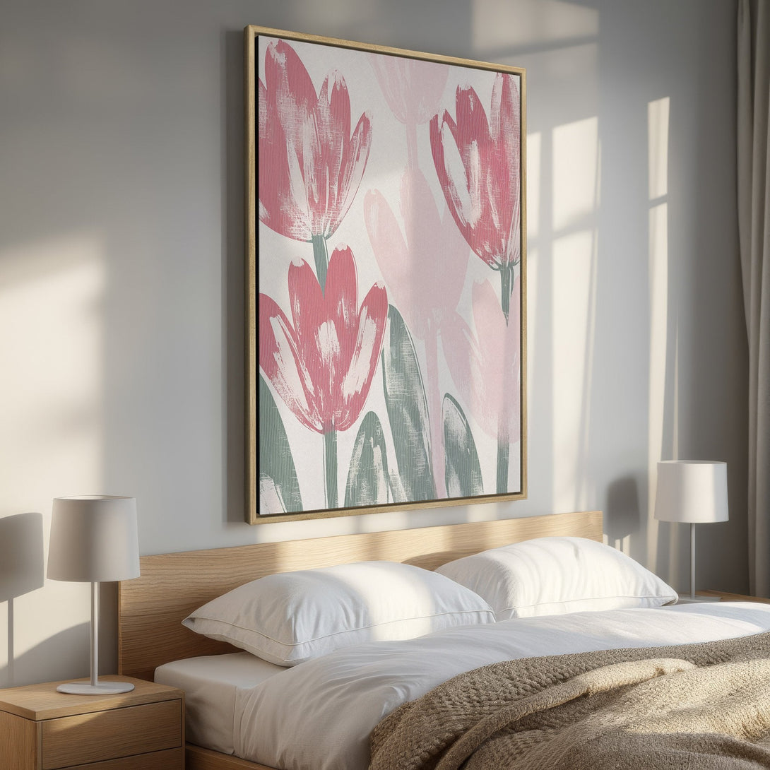 Framed Wall Art: Abstract floral print in pink and green hues. Modern art canvas print adds a touch of elegance to any bedroom decor. Shop now!