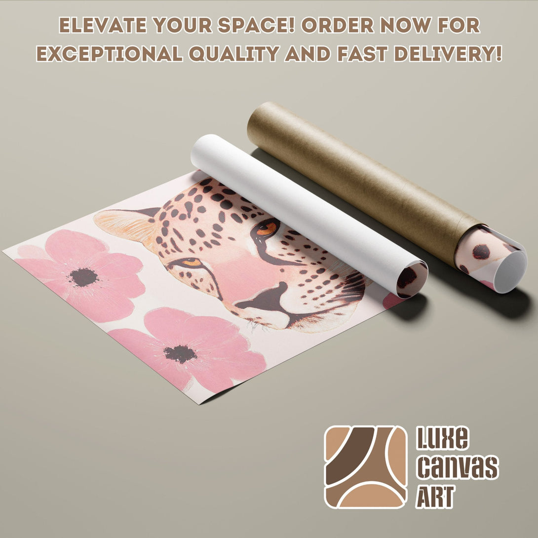 Leopard & floral Poster Roll art print in pink & neutral tones. Elevate your space with Luxe Canvas Art.