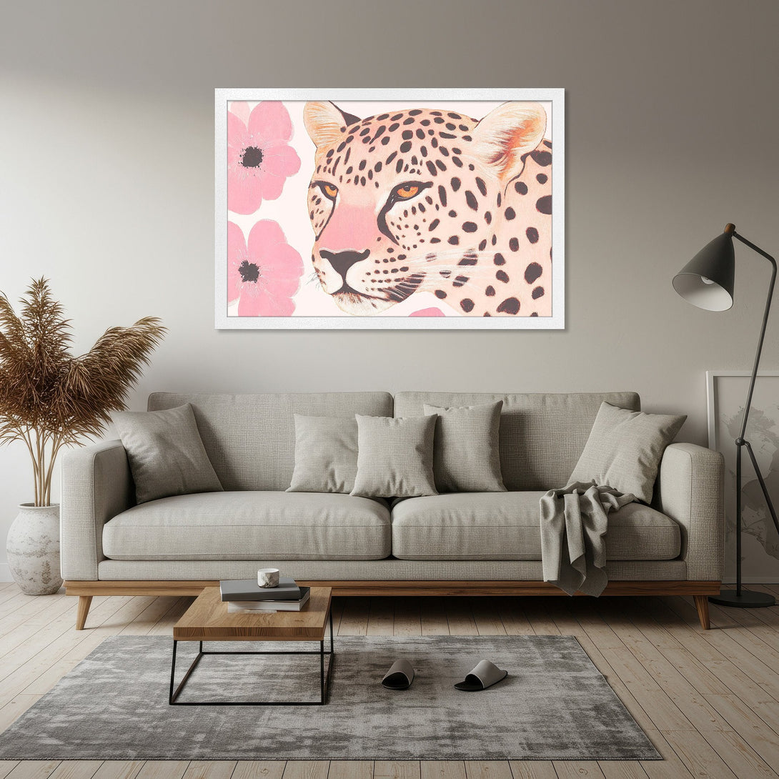 Framed Poster featuring a leopard with pink flowers, modern art style, soft pink and neutral color palette. Perfect wall decor!