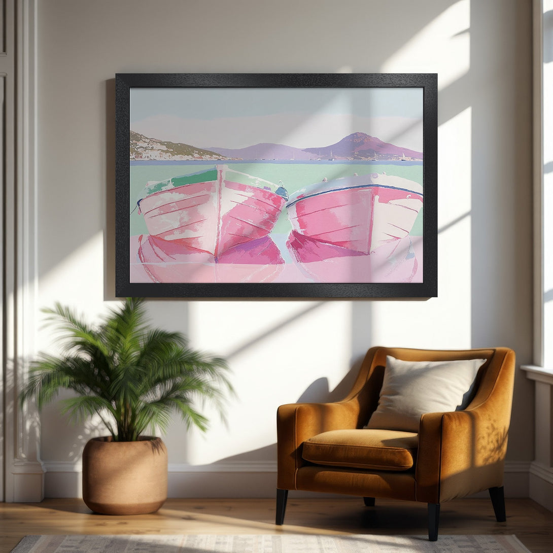 Framed Poster featuring pink boats, watercolor style, with a pastel color palette. Perfect wall art for your home!