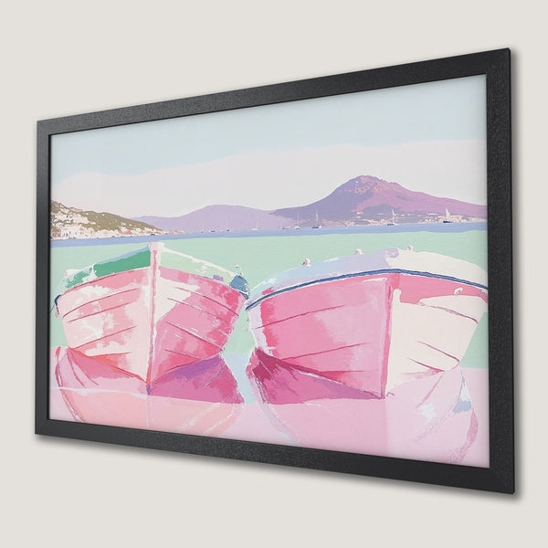 Framed Poster featuring boats in a pastel color palette. Coastal art print perfect for home decor.