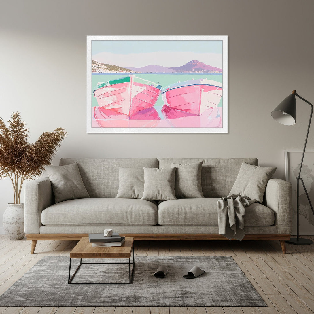Framed Poster featuring pink boats on the water, in a modern, impressionistic style, with a pastel color palette. Perfect wall art!