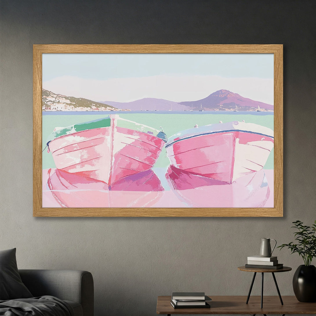 Framed Poster featuring pink boats on the water, landscape art in a pastel color palette. Perfect wall decor for a calming aesthetic.