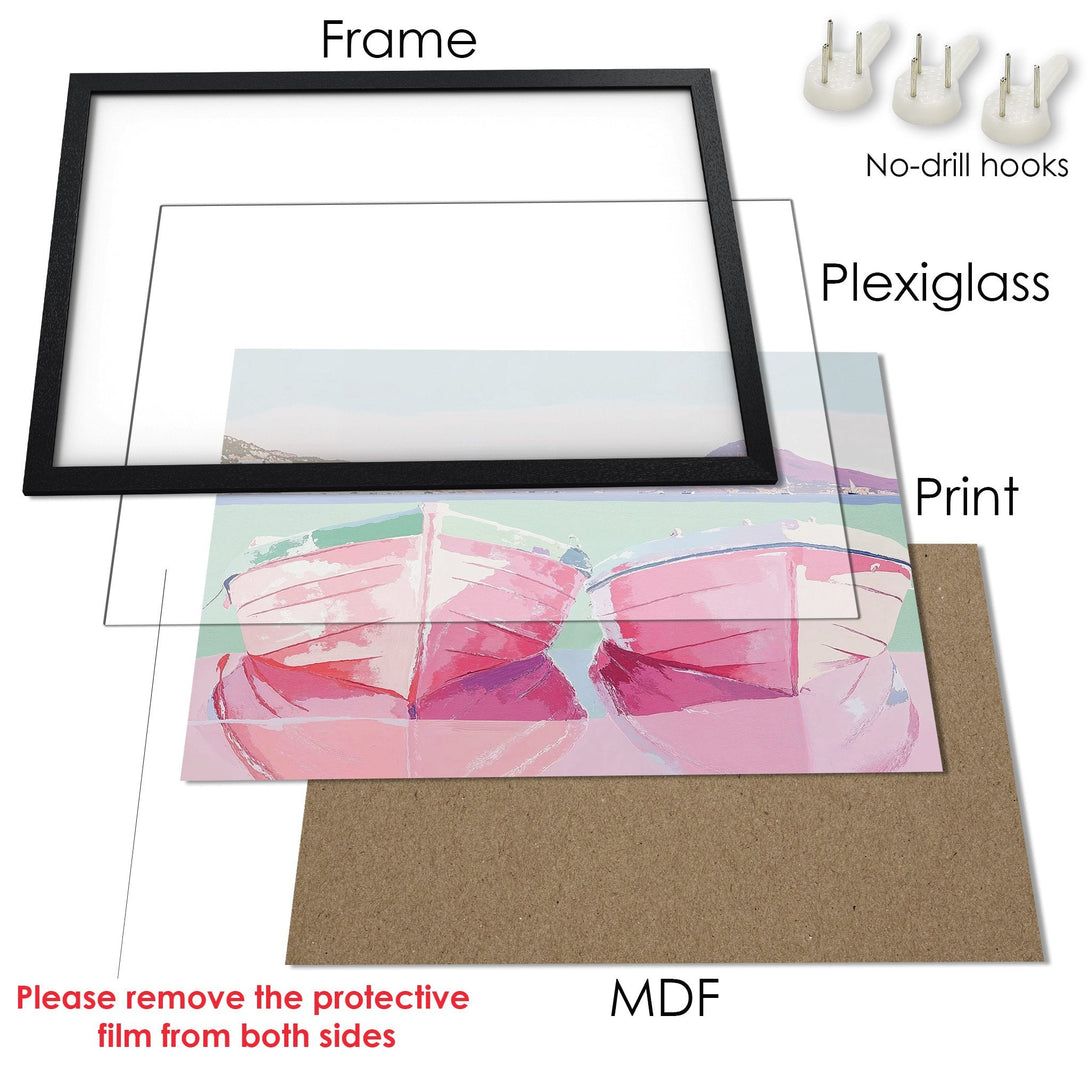 Framed Poster featuring pink boats, soft watercolor style, and a pastel color palette. Perfect art for your home!