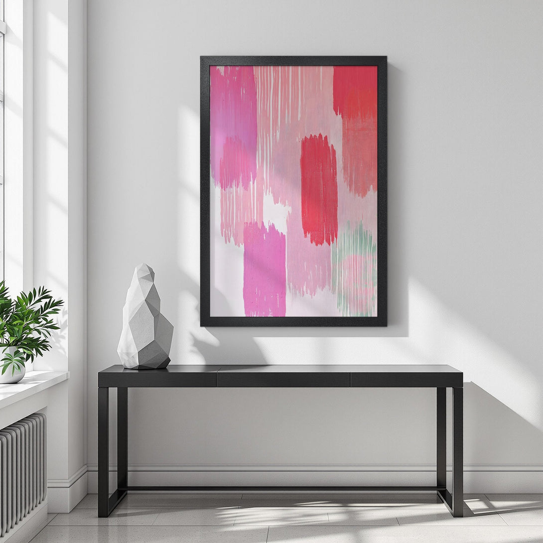 Framed Poster featuring abstract brushstrokes in pink and red hues. Modern art print for stylish home decor.