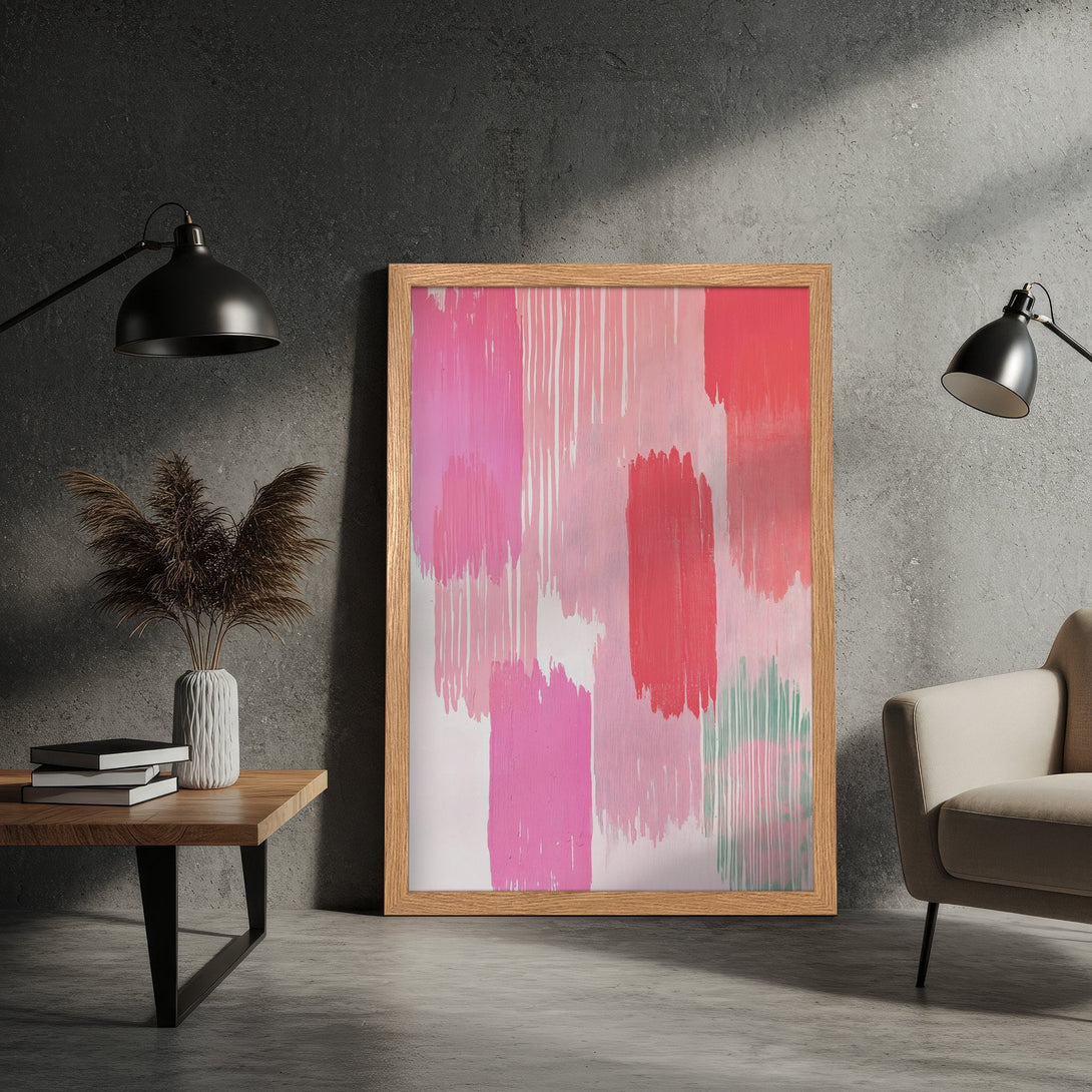 Framed Poster featuring abstract brushstrokes in pink and red hues. Modern art print for stylish home decor.