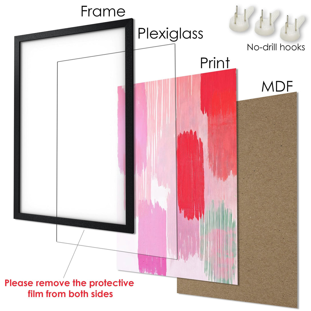 Framed Poster with abstract brushstroke art in pink and red hues. Modern wall decor.