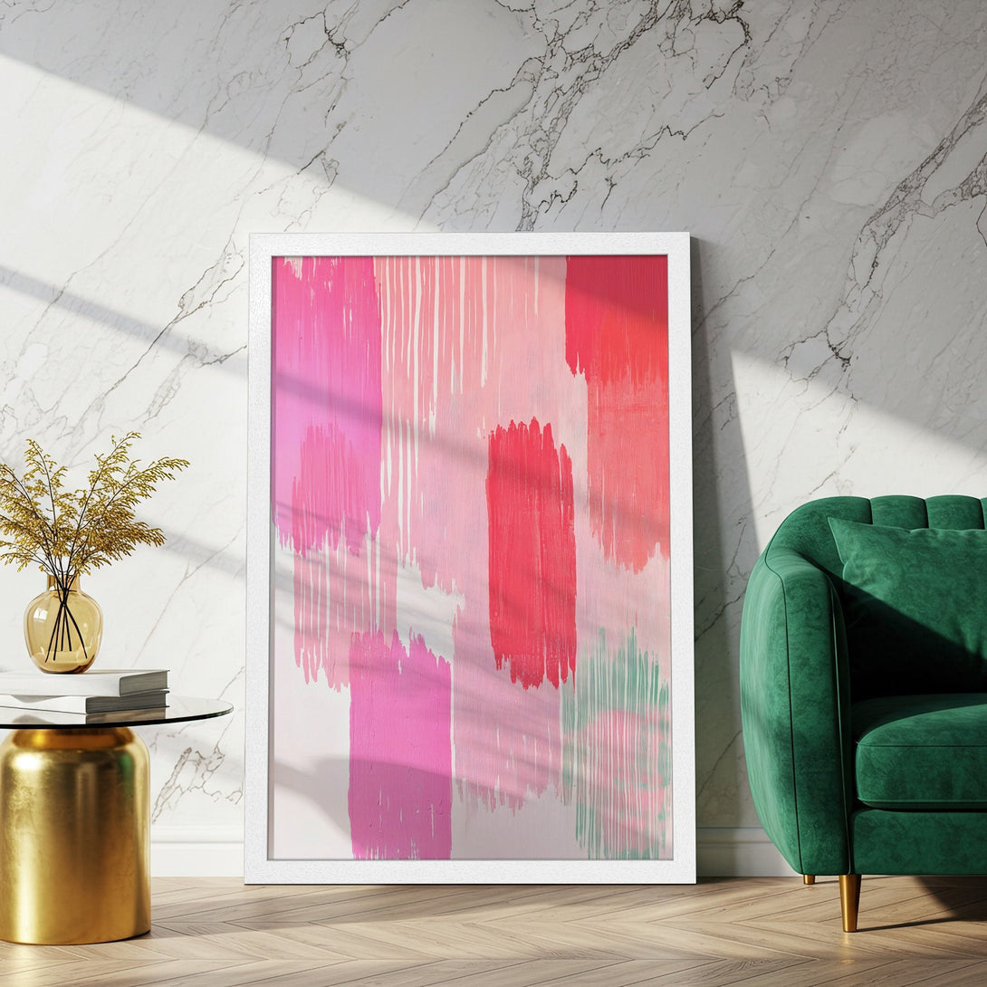 Framed Poster featuring abstract brushstroke art in pink and red hues. Modern art print for home decor, adding a pop of color and style.
