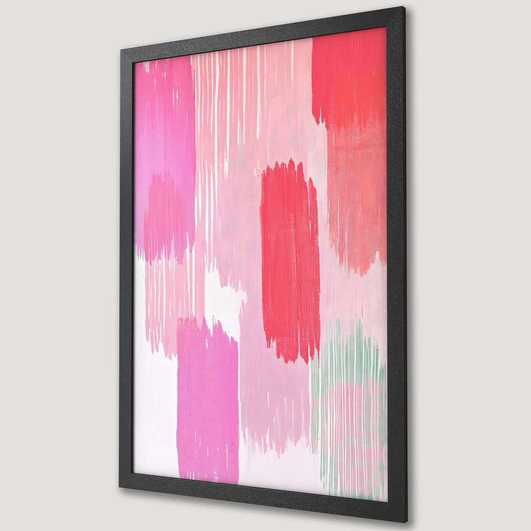 Framed Poster featuring abstract brushstrokes in pink and red hues. Modern art print for home decor.