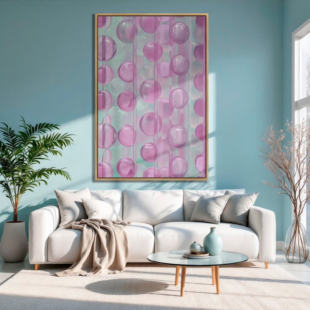 Framed Wall Art featuring pink bubble abstract art, perfect for a modern living room. Soft pink and teal color palette adds a touch of elegance.