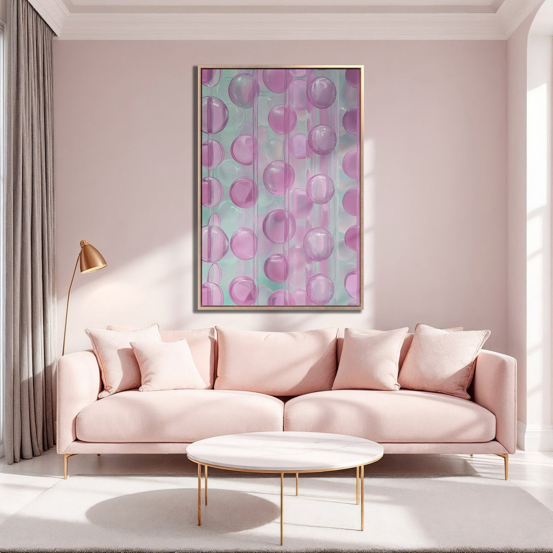 Framed Wall Art featuring abstract pink bubbles, perfect for adding a touch of modern elegance to your living room. Soft pink and mint color palette.