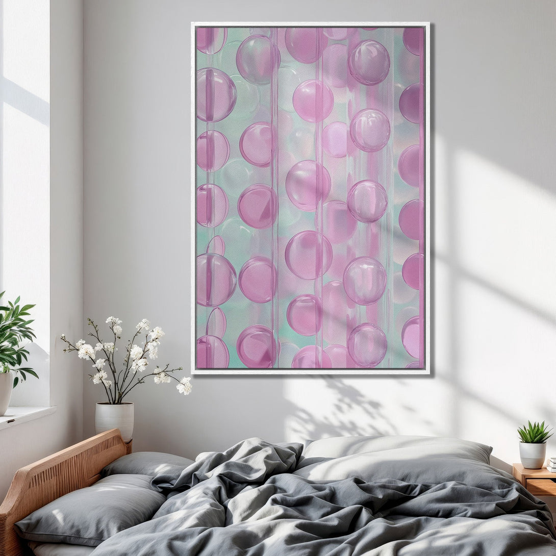 Framed Wall Art featuring abstract pink bubbles. Modern art canvas print with a soft, pastel color palette. Perfect for bedroom decor.