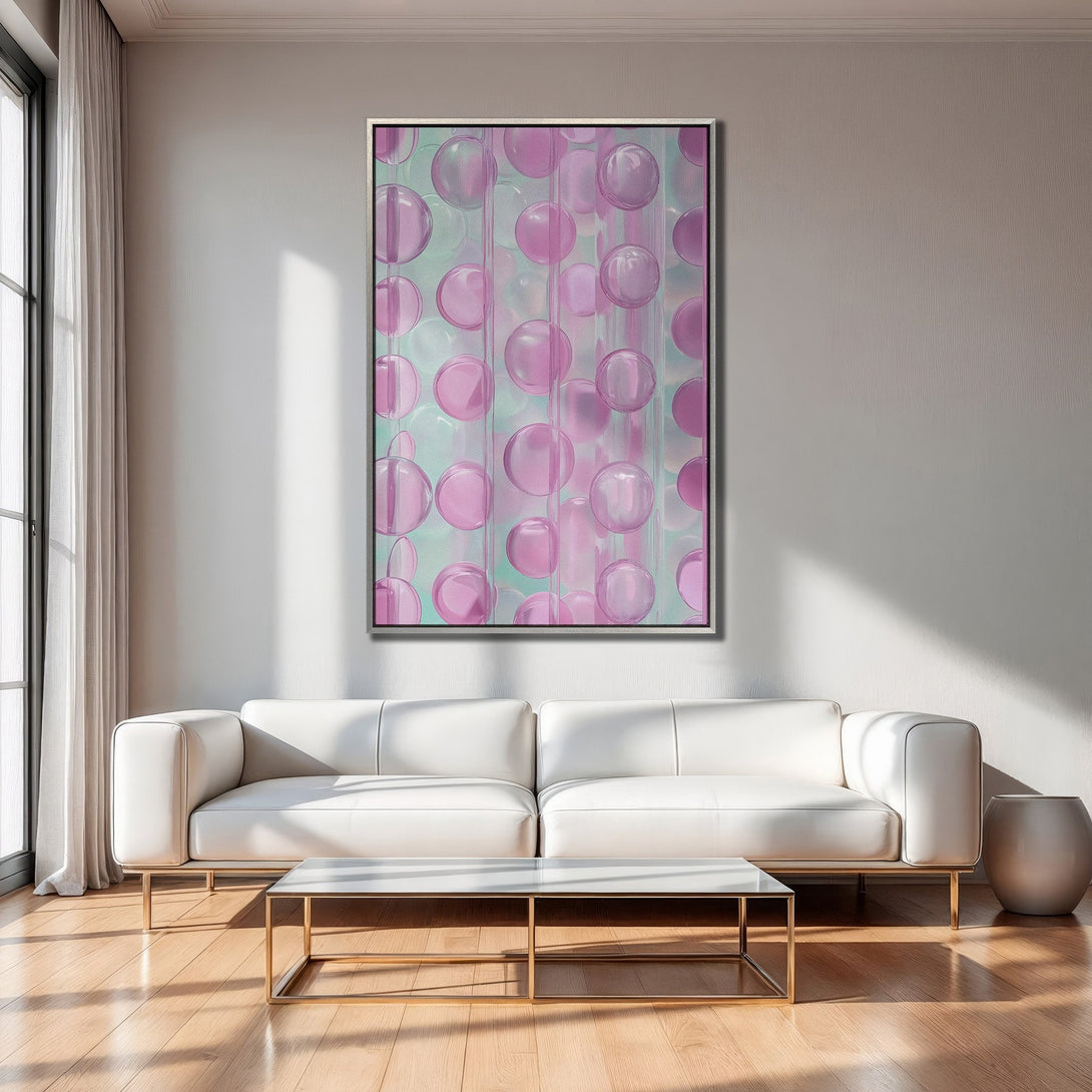 Framed Wall Art: Abstract pink bubble design. Modern art canvas print adds a pop of color to any interior. Soft pink and mint green palette.