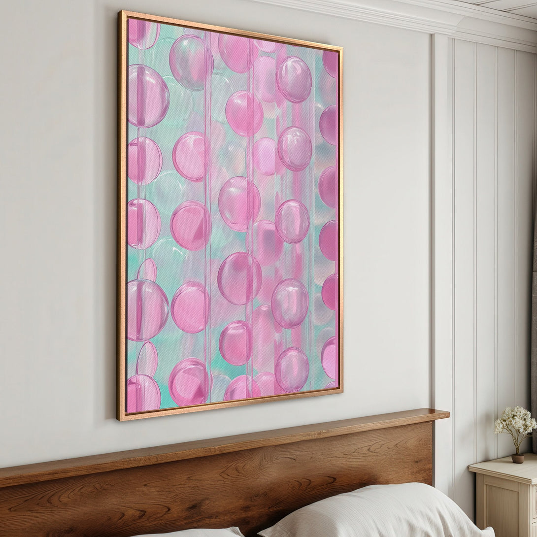 Framed Wall Art featuring abstract pink bubble design, displayed in a bedroom. Soft pastel color palette adds a touch of modern elegance.