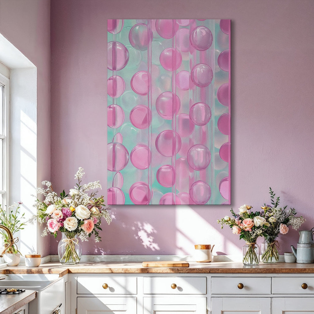 Framed Wall Art featuring abstract pink bubble design, displayed in a modern living room. Soft pink & mint green color palette. Perfect for adding a pop of color!