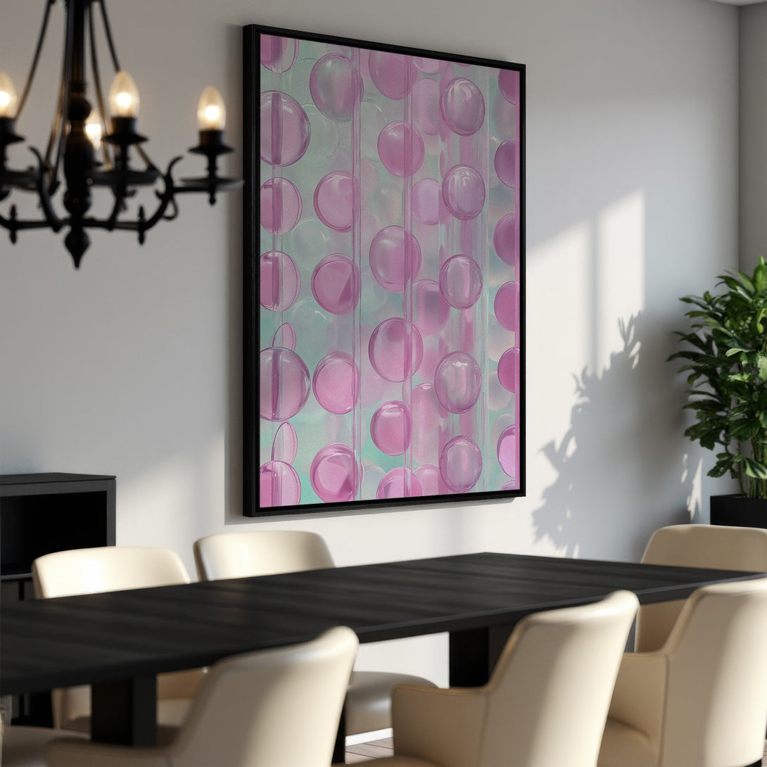 Framed Wall Art featuring abstract pink bubbles on a teal background. Modern art style, perfect for dining rooms. Add a pop of color to your space!