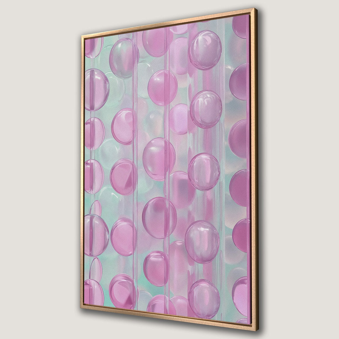 Framed Wall Art featuring abstract pink bubble design on mint background. Modern art print for home decor.