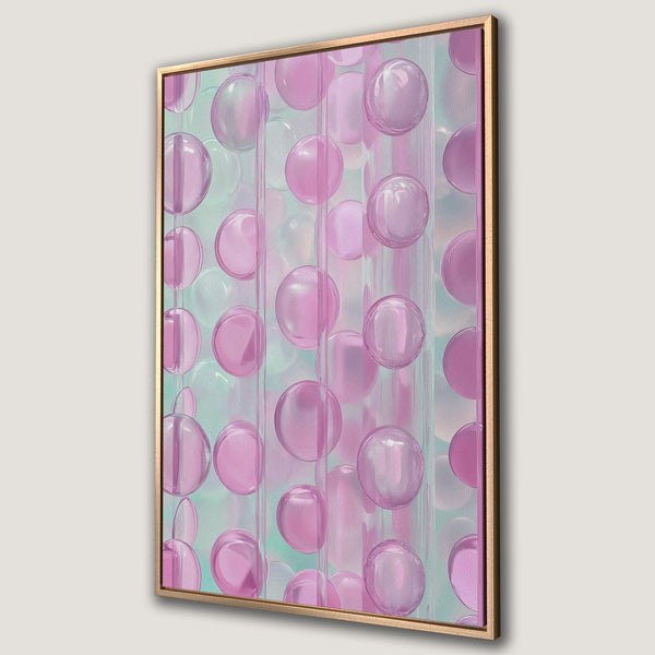 Framed Wall Art featuring abstract pink bubble design on mint background. Modern art print for home decor.