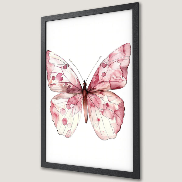 Framed Poster featuring a watercolor butterfly in pink hues. Elegant art print for your home decor.