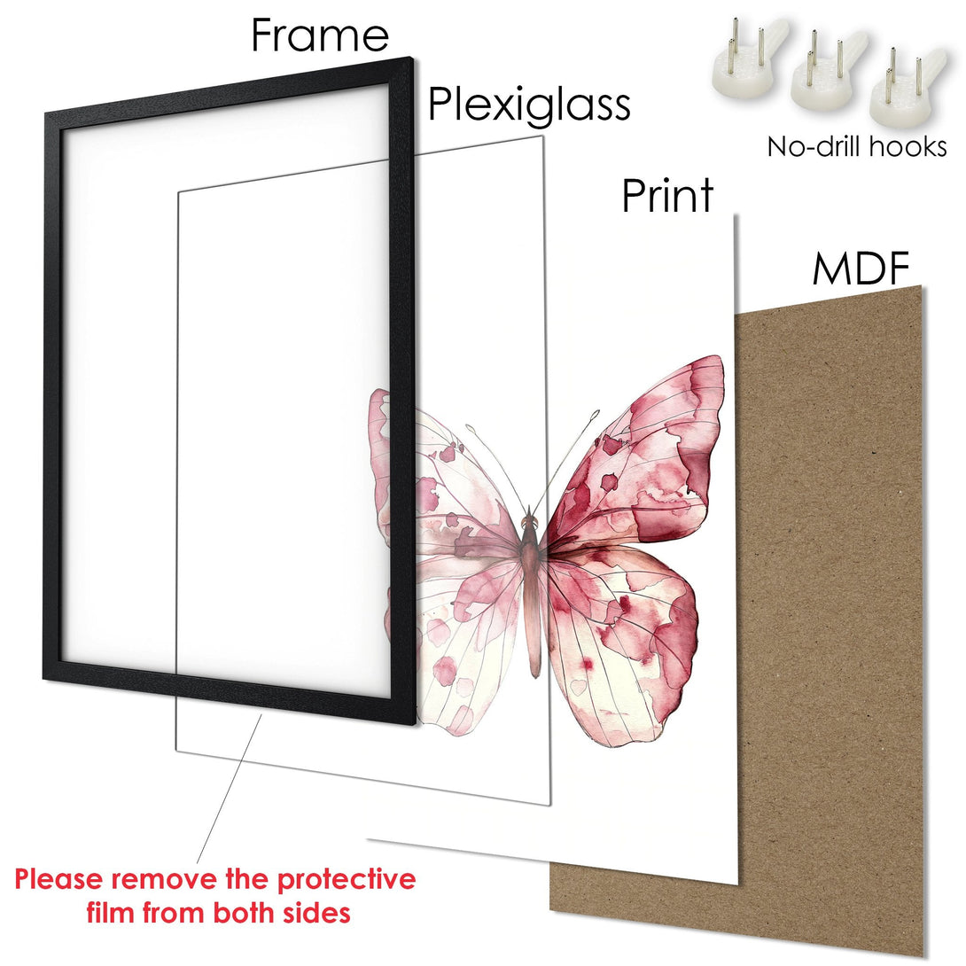 Framed Poster featuring a watercolor butterfly art print in a red and white palette, ready to hang.