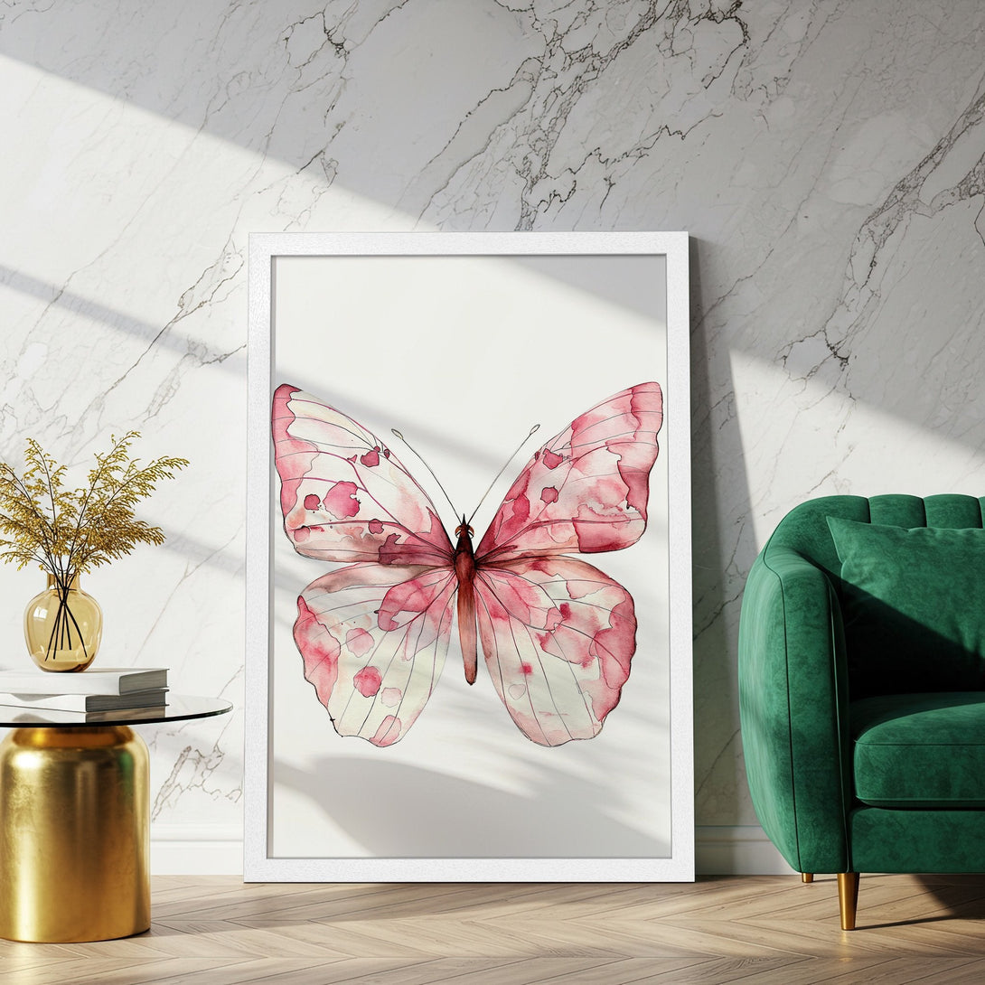 Framed Poster featuring a watercolor butterfly in pink hues. Perfect wall art for a touch of elegance and style.