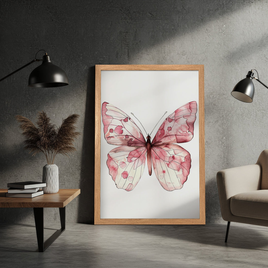 Framed Poster featuring a watercolor butterfly art print. Soft pink and white color palette, perfect for modern home decor.
