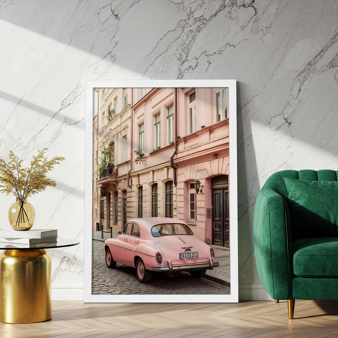 Framed Poster featuring a vintage pink car on a European street. Soft, pastel color palette. Perfect wall art for your home!