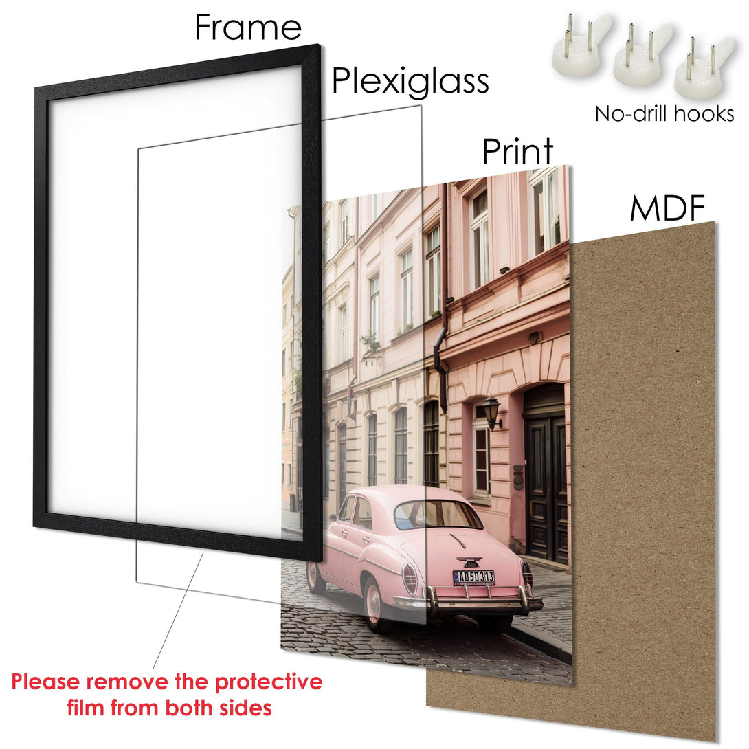 Framed Poster featuring a vintage car on a European street. Pastel pink and neutral tones create a classic, aesthetic style. Ready to hang!