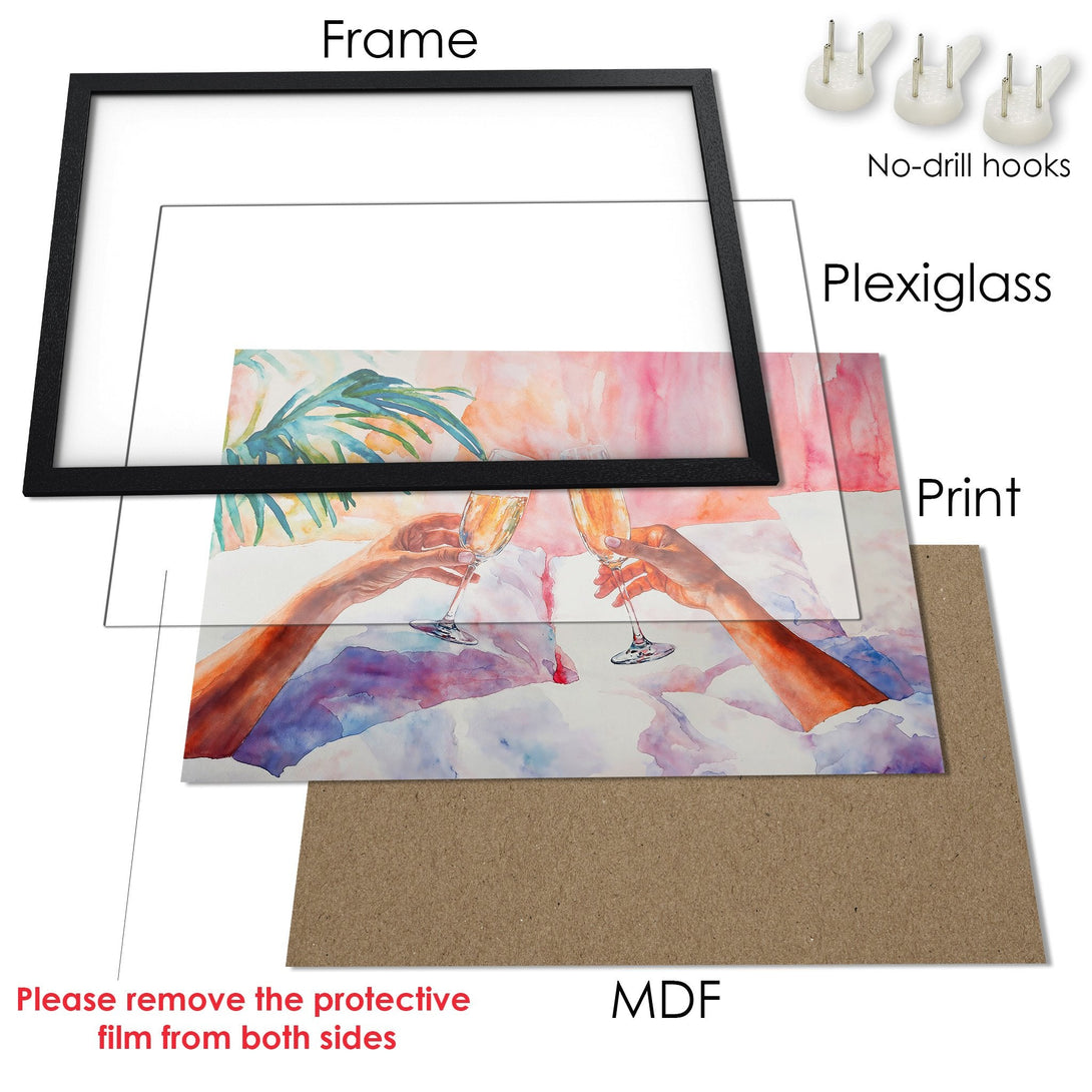 Framed Poster: Watercolor art of champagne toast in a black frame. Soft pink, orange, and blue color palette.