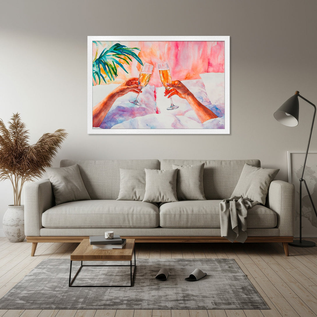Framed Poster featuring a watercolor style champagne toast in a pink and blue color palette. Perfect wall art for home decor.