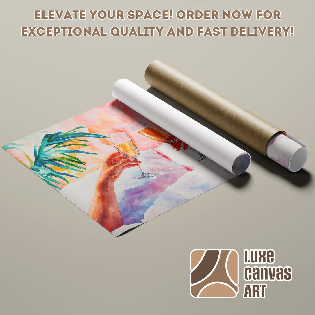Watercolor Poster Roll with champagne glasses, vibrant colors. Elevate your space!