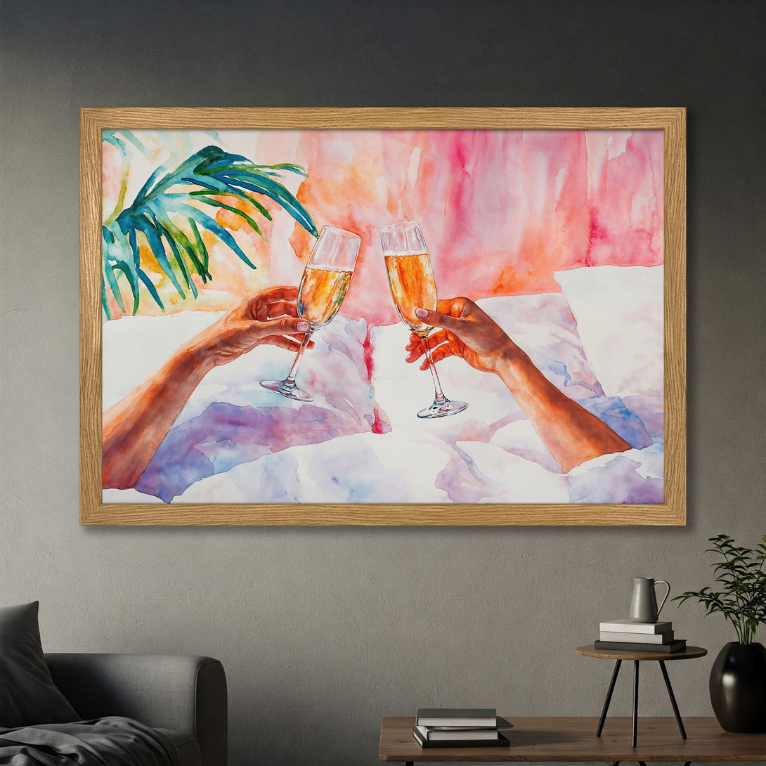 Framed Poster: Watercolor art of champagne toast in pink, orange, and blue hues. Perfect wall decor for a touch of elegance.