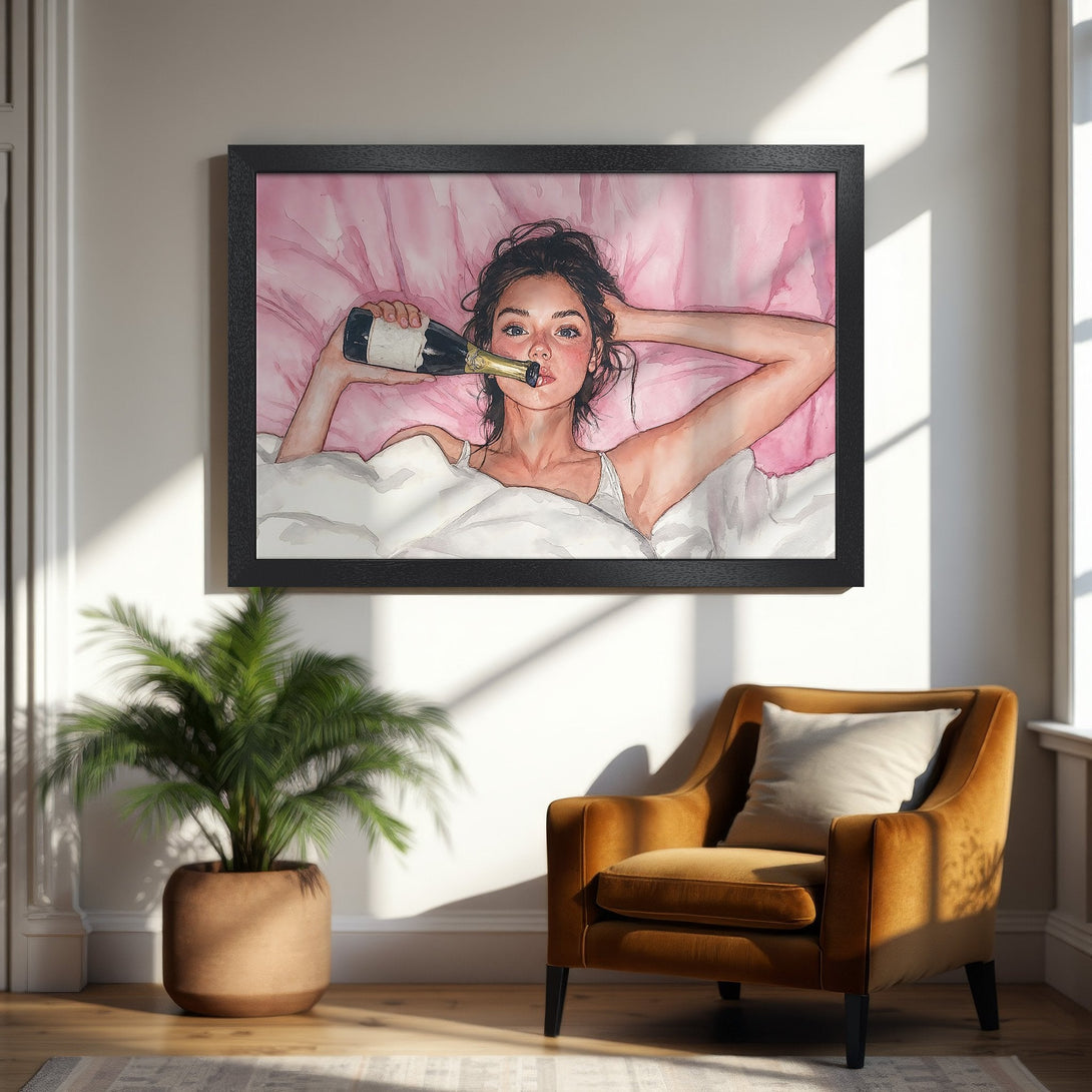 Framed Poster: Watercolor style art of woman with champagne. Pink and white color palette, perfect for bedroom decor.