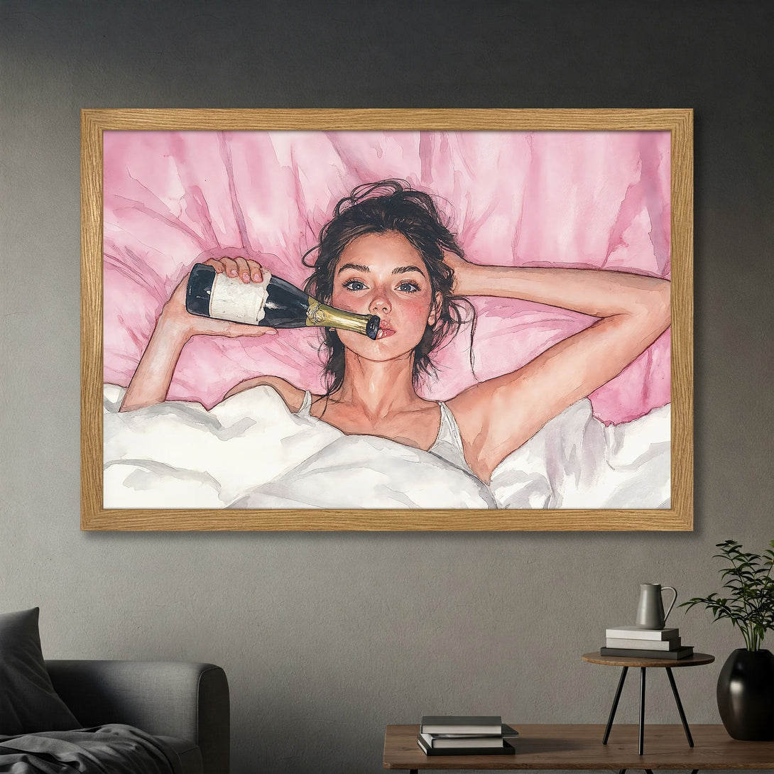 Framed Poster of a woman in bed with champagne, watercolor style, pink and neutral tones. Perfect wall art.