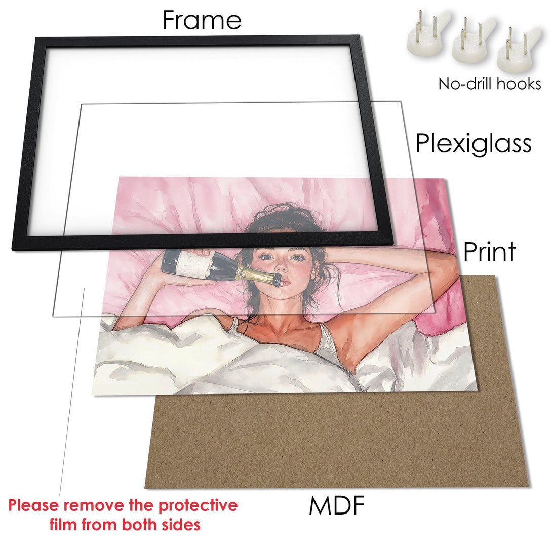 Framed Poster of a woman with champagne, watercolor style, soft pink and neutral tones. Elevate your space with art!