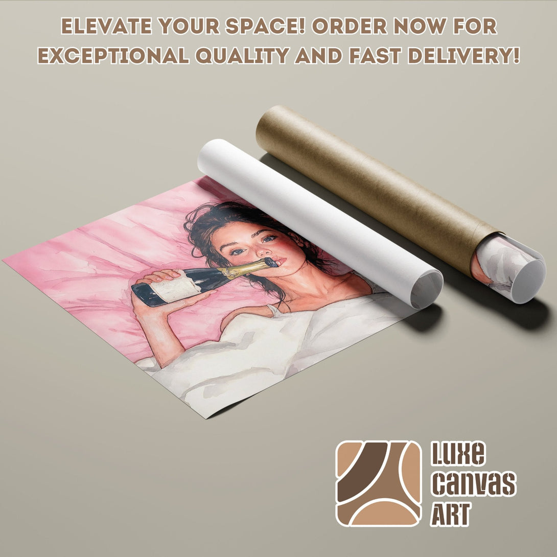 Watercolor Poster Roll featuring a woman with champagne, pink & neutral tones. Elevate your space!