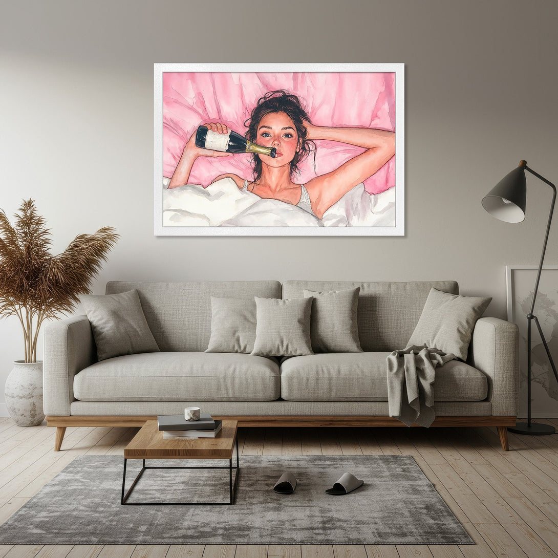 Framed Poster featuring a woman with champagne, watercolor style, pink and neutral tones. Perfect wall art!