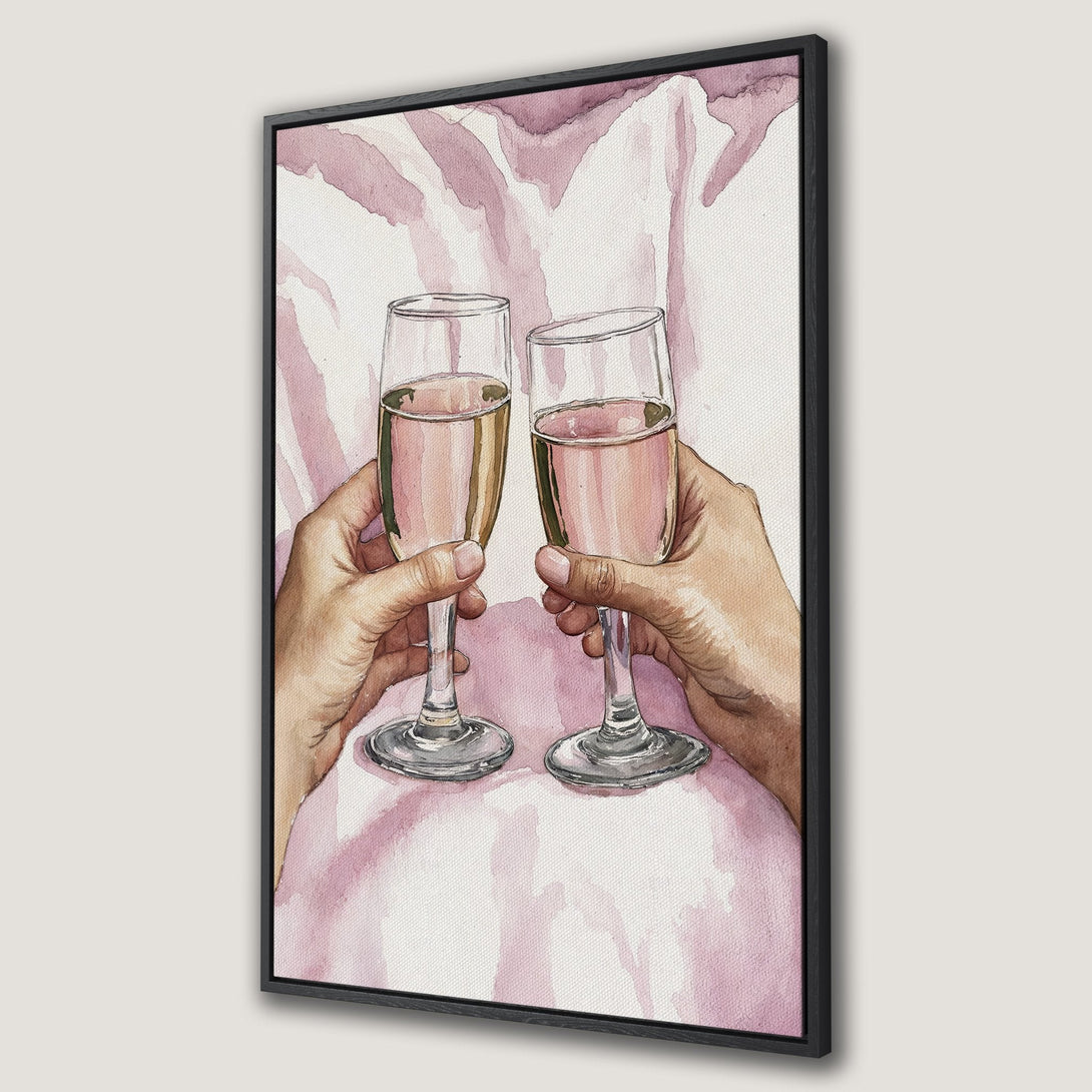 Framed Wall Art featuring a watercolor painting of champagne glasses toasting, with a pink and neutral color palette, perfect for home decor.
