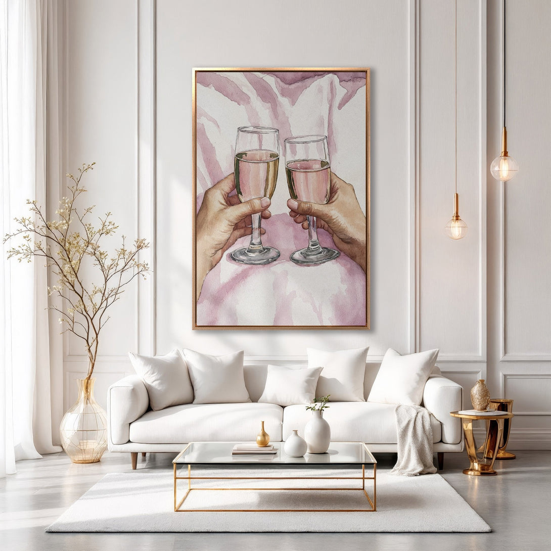 Framed Wall Art: Elegant watercolor of champagne glasses in a modern living room. Soft pink and gold tones create a sophisticated, inviting atmosphere.