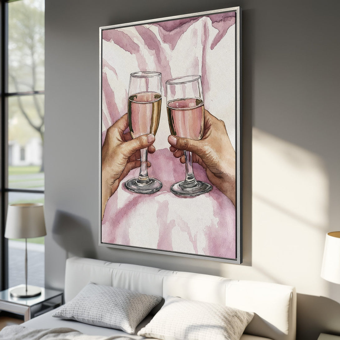 Framed Wall Art: Watercolor painting of champagne glasses toasting, showcasing a romantic, pink color palette. Perfect for adding elegance to any space.