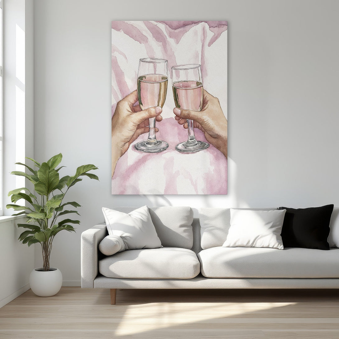 Framed Wall Art: Watercolor painting of champagne toast in pink & gold. Elegant artwork for bedroom decor. Add a touch of luxury to your space!