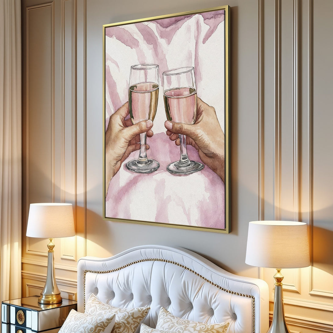 Canvas Print of watercolor champagne toast in a modern interior. Soft pink and neutral tones, perfect for adding elegance to your home.