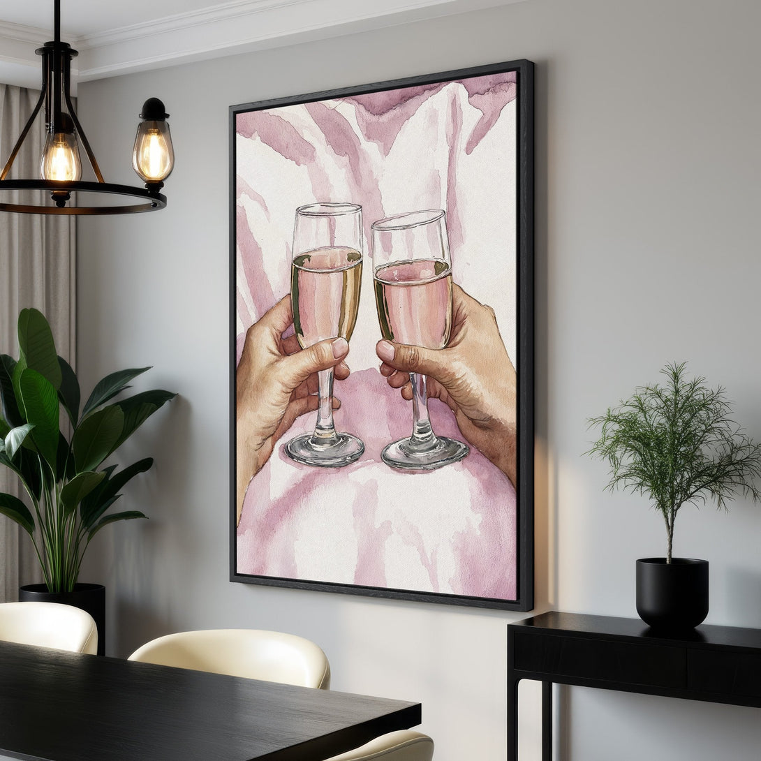 Framed Wall Art: Watercolor painting of champagne glasses clinking, in a soft pink and neutral palette. Perfect for adding a touch of elegance to any space.