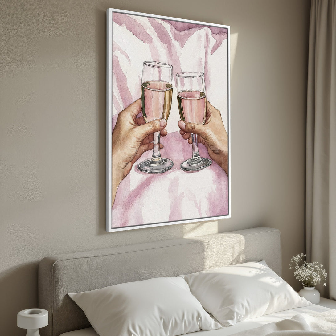 Framed Wall Art: Watercolor painting of champagne toast in pink and white, perfect for bedroom decor. Add a touch of elegance with this beautiful canvas print.