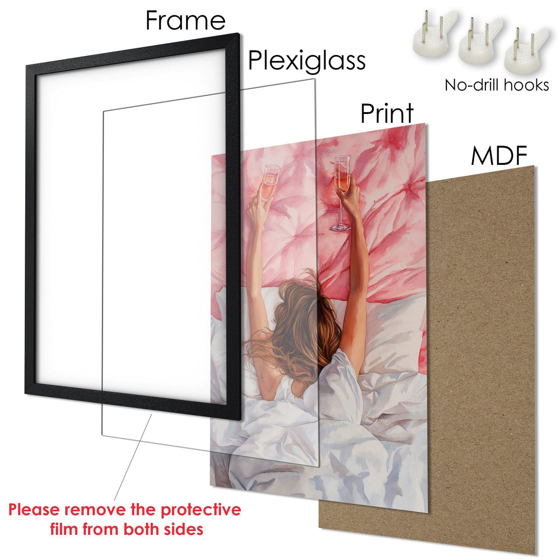 Framed Poster featuring a woman in bed with champagne, watercolor style, pink and white color palette. Ready to hang art.