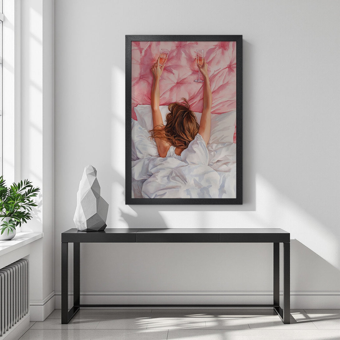 Framed Poster of woman in bed, watercolor style, pink and white color palette. Perfect wall art for bedroom decor.