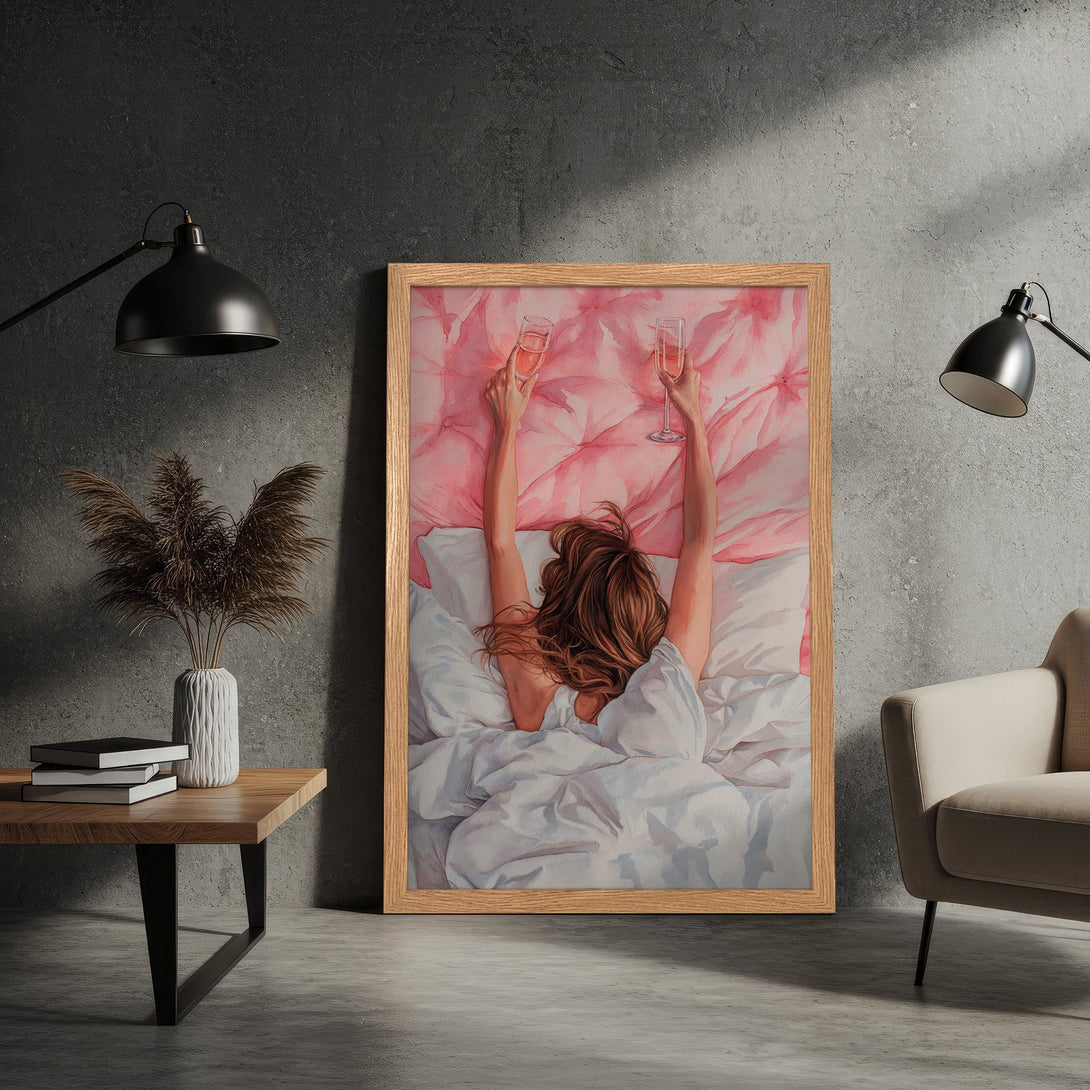 Framed Poster: Woman in bed, watercolor style, pink and white color palette. Perfect for bedroom decor.