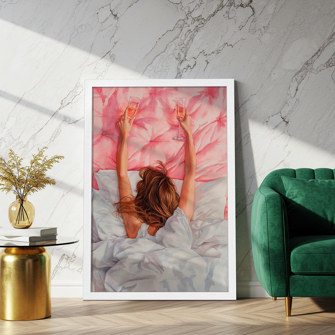 Framed Poster of woman in bed with champagne, watercolor style, pink & white palette, perfect wall art.