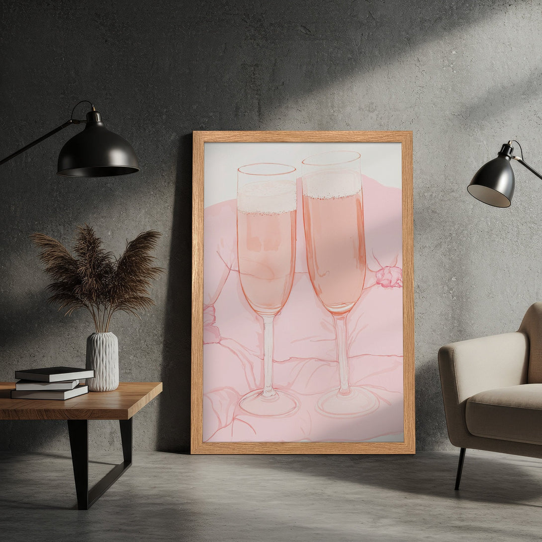 Framed Poster featuring champagne glasses in a soft, watercolor style with a pink color palette. Perfect for modern home decor.