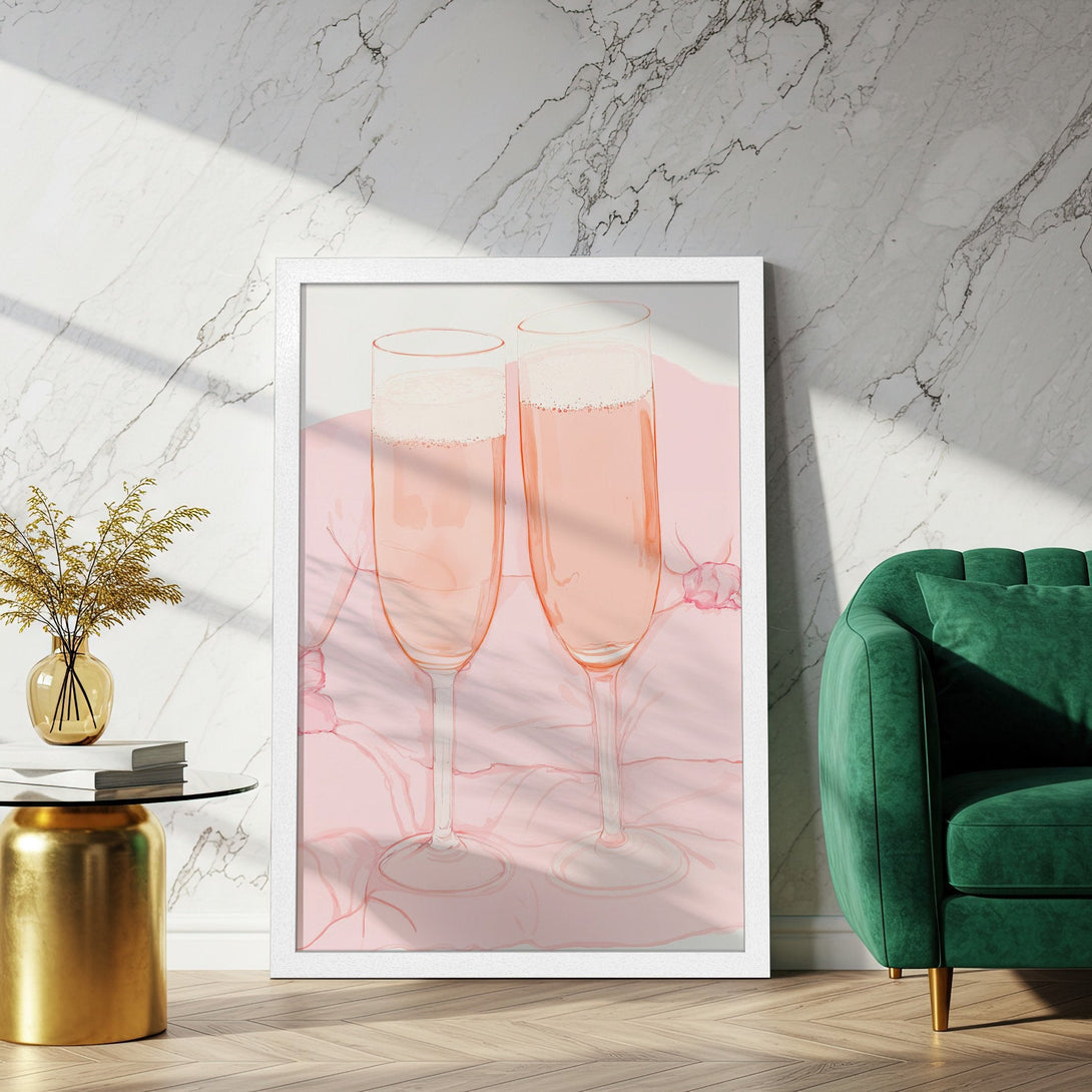 Framed Poster featuring elegant champagne flutes in pink hues. Stylish artwork to elevate your decor. Perfect for living rooms!